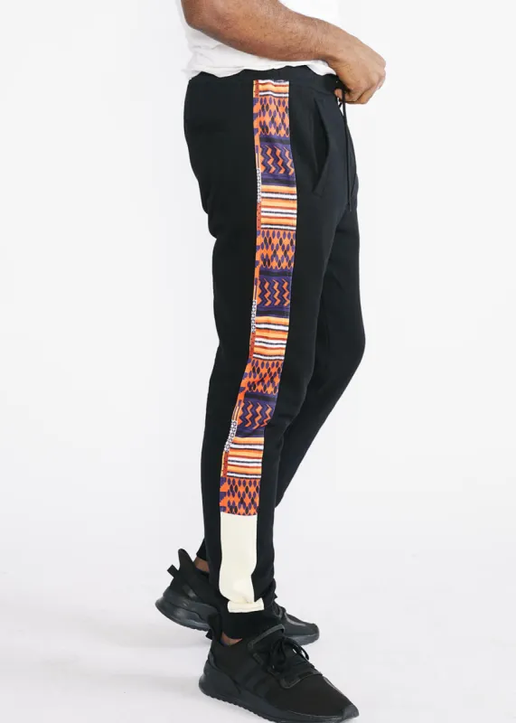 Faraji Men's African Print Color-Blocked Joggers (Black/Orange Navy Kente) - Clearance sold by D'iyanu