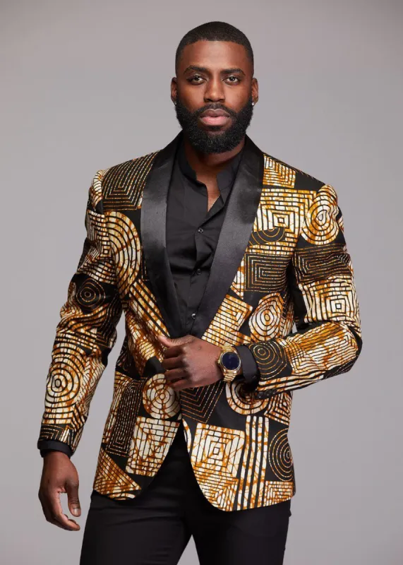 Rammy Men's African Print Blazer (Black Brown Geometric) made by D'iyanu