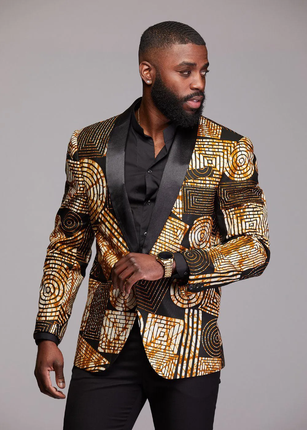 Rammy Men's African Print Blazer (Black Brown Geometric) sold by D'iyanu product image thumbnail 3