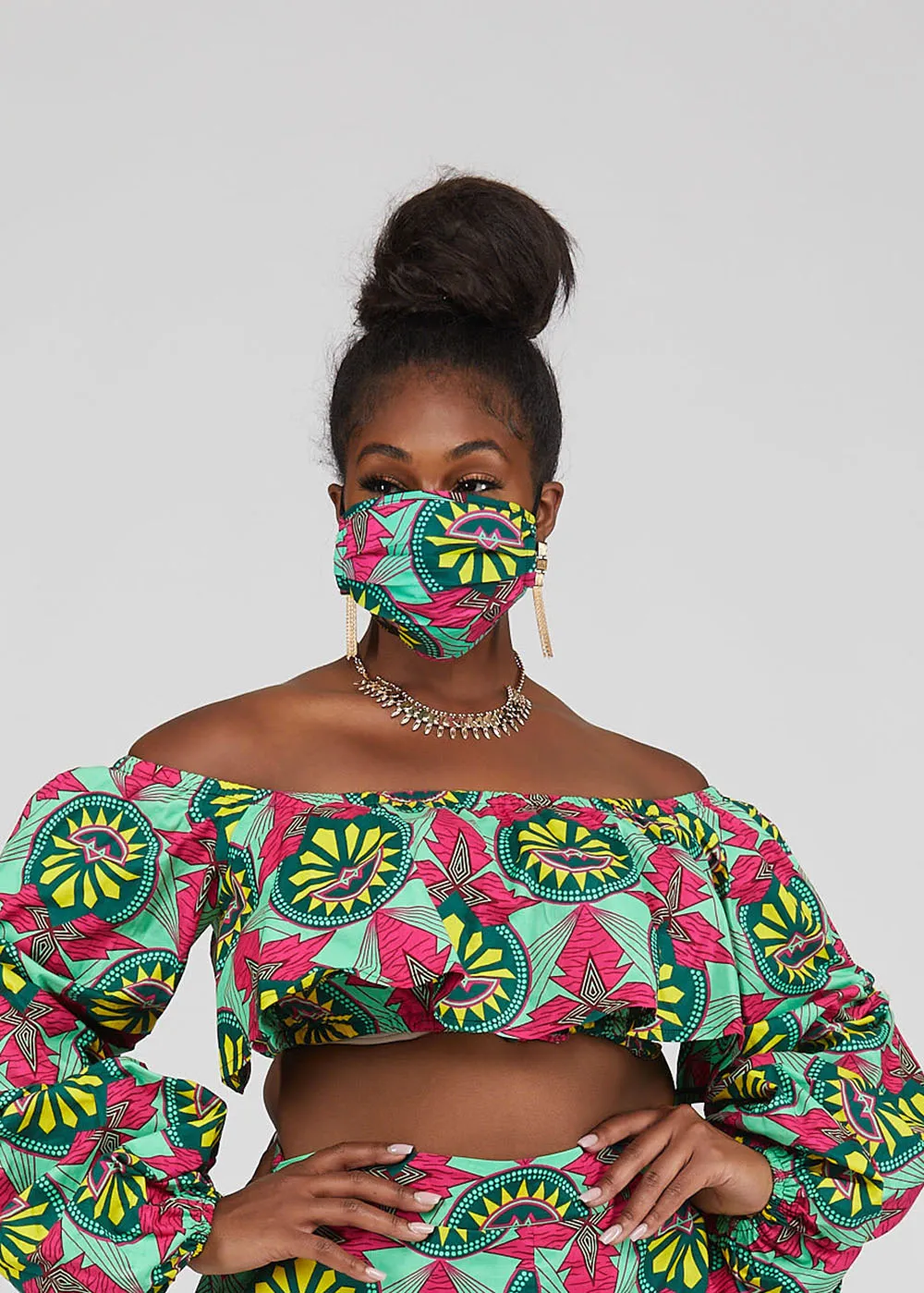 Uzo African Print 2 Layer Reusable Face Mask (Green Pink Sunrise)-Clearance sold by D'iyanu product image thumbnail 3