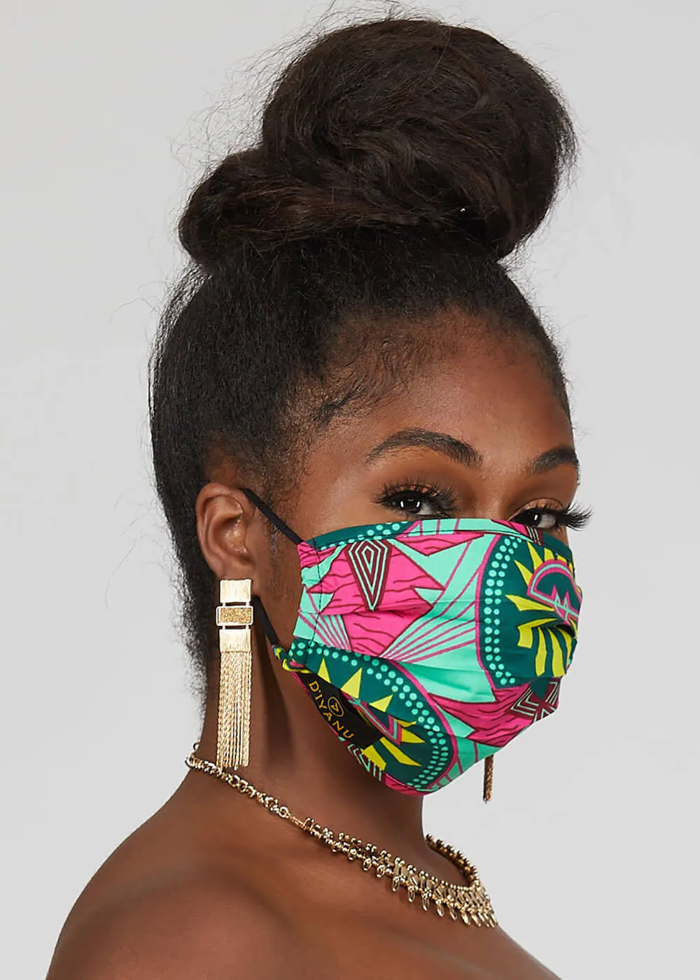 Uzo African Print 2 Layer Reusable Face Mask (Green Pink Sunrise)-Clearance sold by D'iyanu