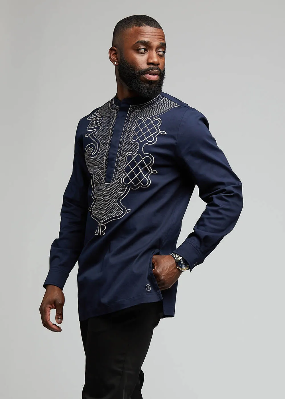 Dubaku Men's Traditional African Embroidery Shirt (Navy) sold by D'iyanu product image thumbnail 3