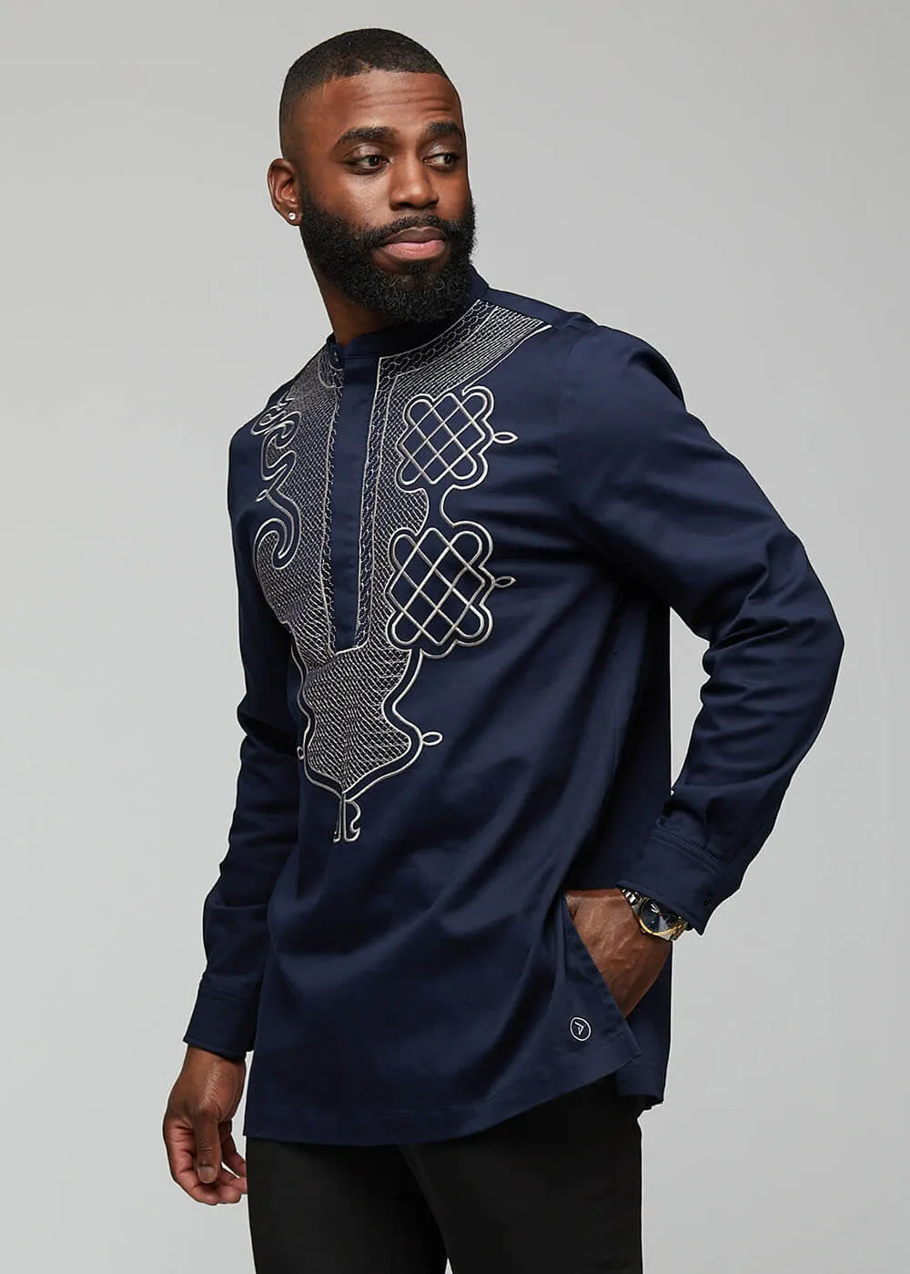 Dubaku Men's Traditional African Embroidery Shirt (Navy) sold by D'iyanu product image thumbnail 2