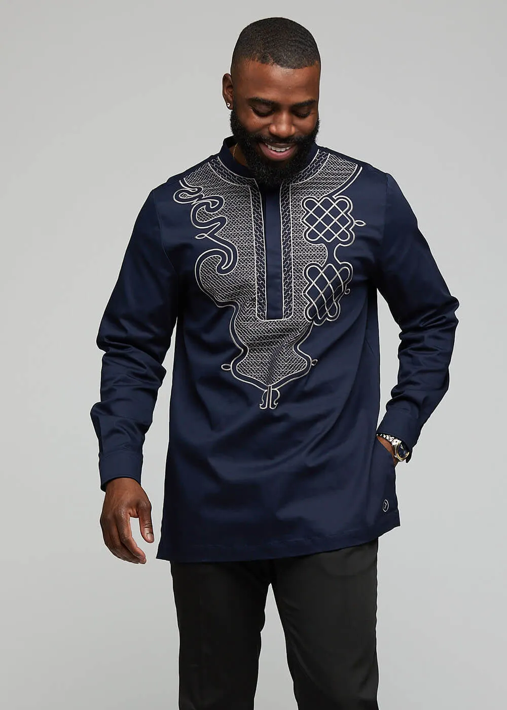 Dubaku Men's Traditional African Embroidery Shirt (Navy) sold by D'iyanu product image thumbnail 4