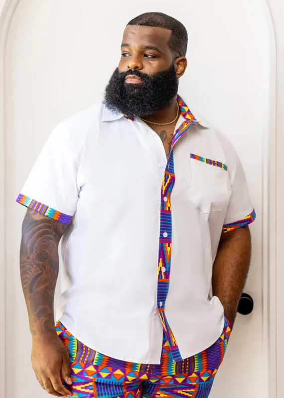 Kanai Men's African Print Color-Blocked Button-Up Shirt (White/Rainbow Kente)-Clearance sold by D'iyanu