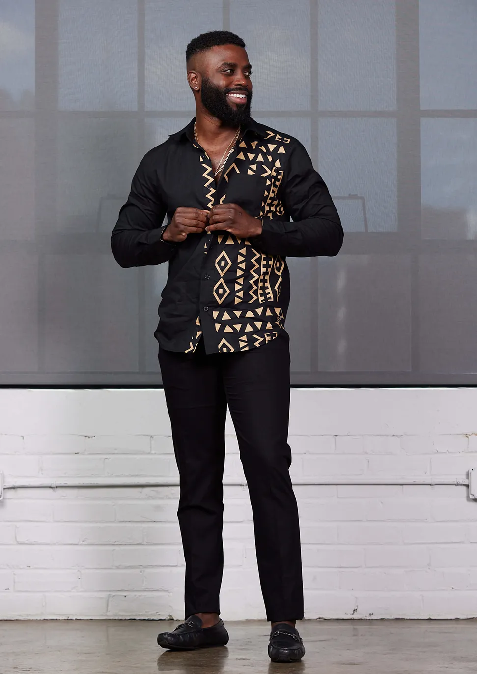 Abiade Men's African Print Button-Up (Black/Tan Black Tribal) sold by D'iyanu product image thumbnail 2