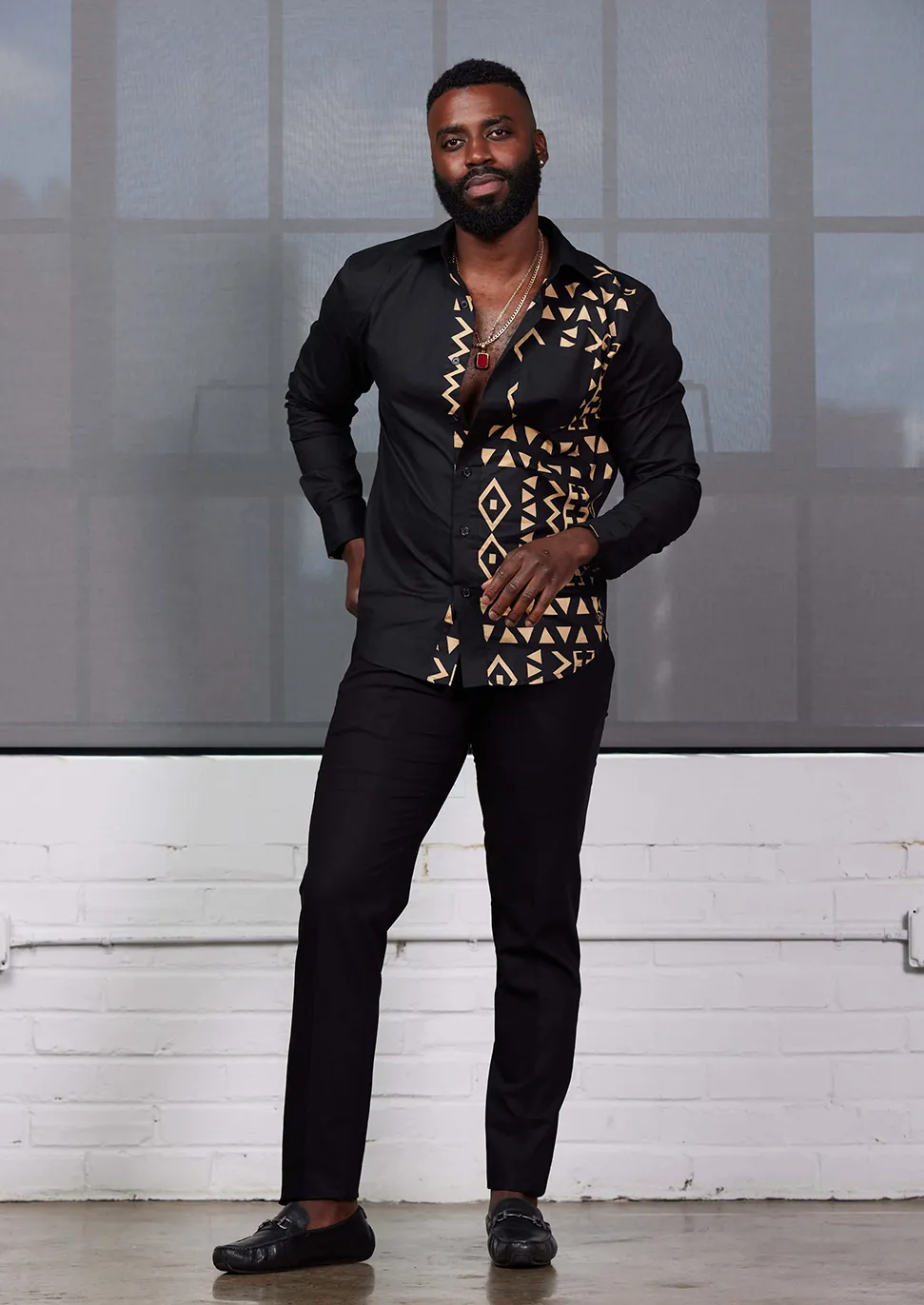 Abiade Men's African Print Button-Up (Black/Tan Black Tribal) sold by D'iyanu product image thumbnail 4