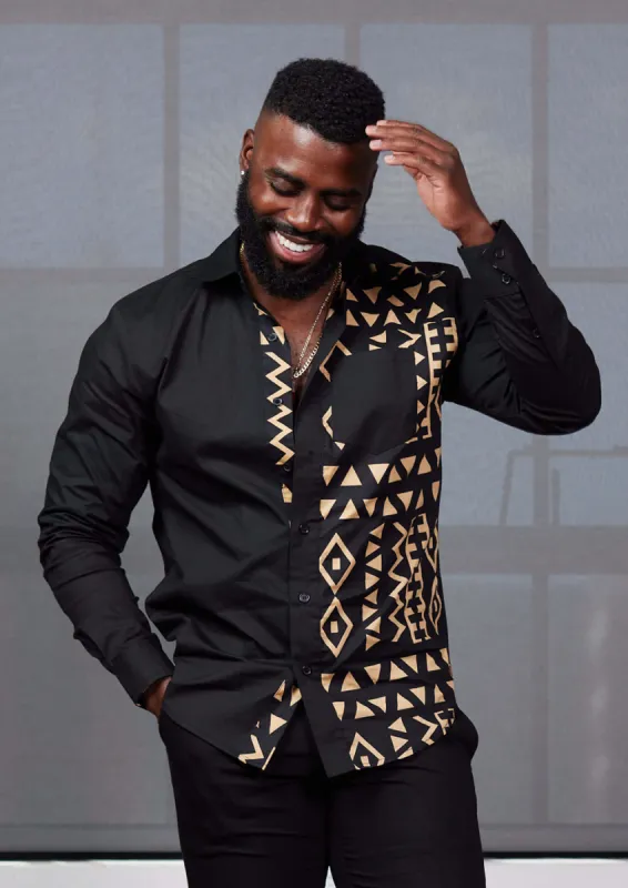 Abiade Men's African Print Button-Up (Black/Tan Black Tribal) sold by D'iyanu