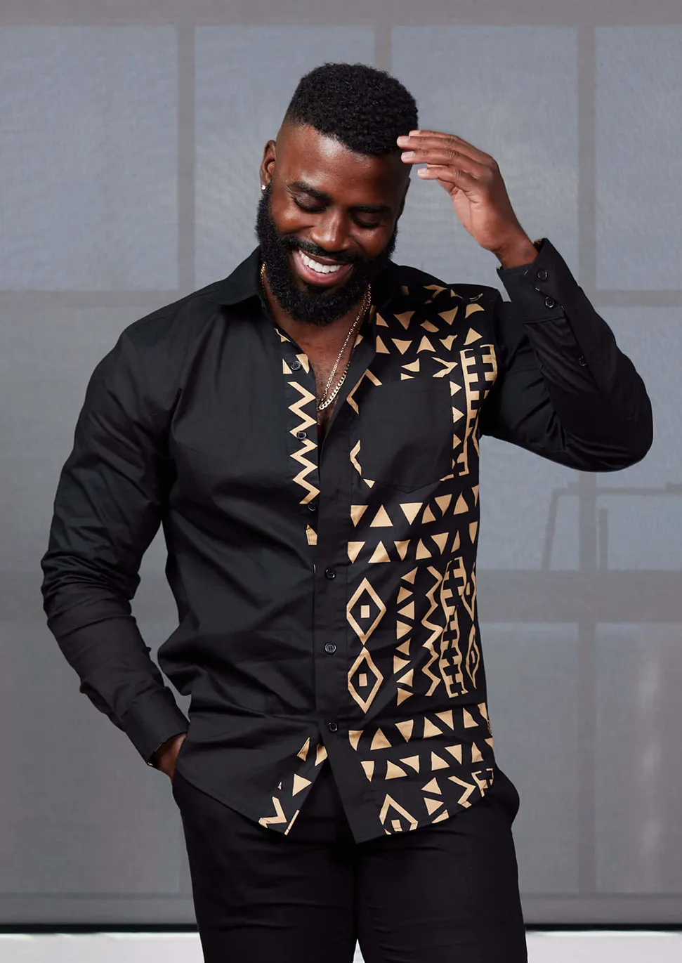 Abiade Men's African Print Button-Up (Black/Tan Black Tribal) sold by D'iyanu