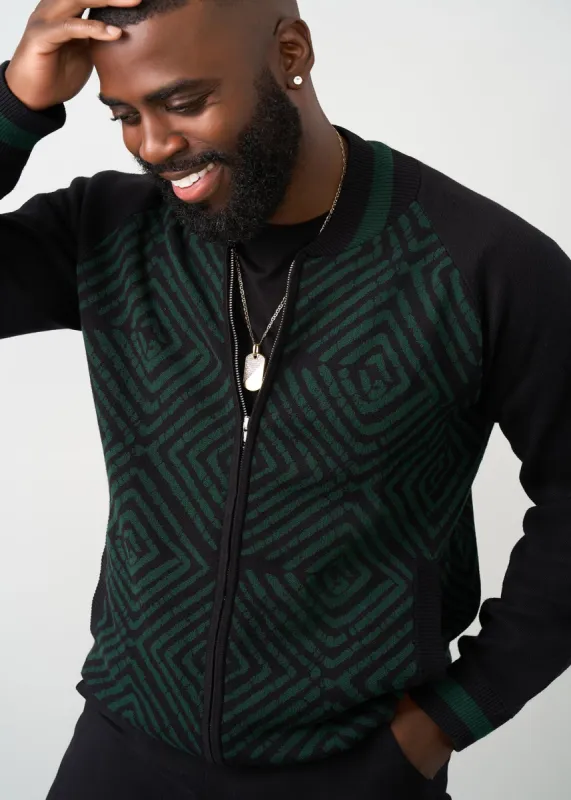 Togo Men's African Print Zip-Up Sweater (Malachite Diamond Adire) sold by D'iyanu
