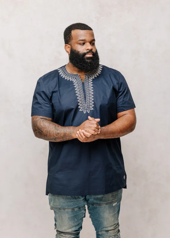 Lubanzi Men's Embroidered Tunic Shirt (Navy/Tan) - Clearance sold by D'iyanu