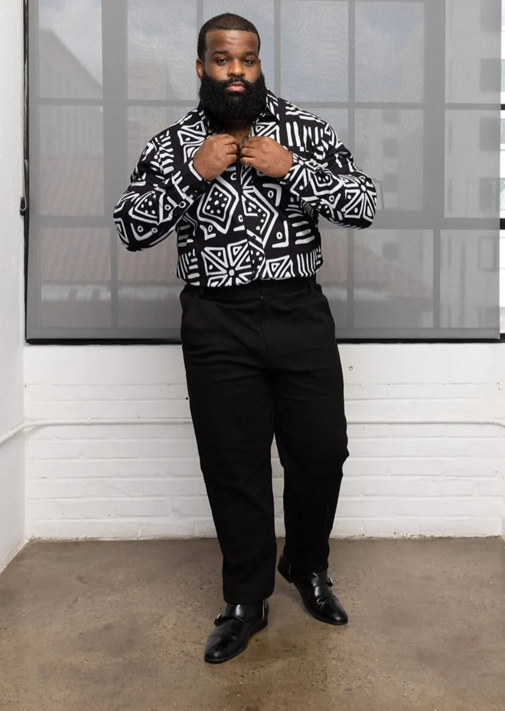 Chane Men's African Print Button-Up Shirt (Grayscale Tribal) sold by D'iyanu product image thumbnail 3
