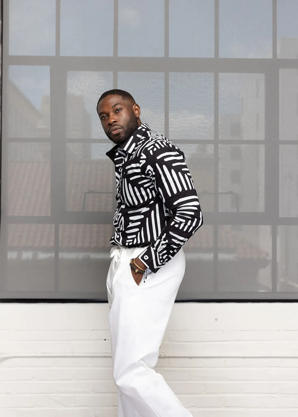 Chane Men's African Print Button-Up Shirt (Grayscale Tribal) sold by D'iyanu product image thumbnail 4