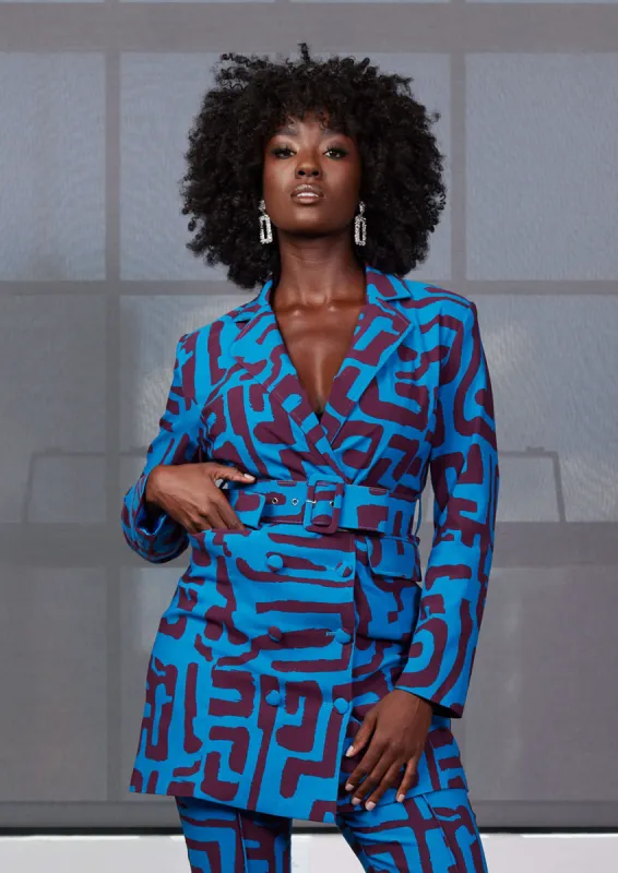 Aniq Women's African Print Stretch Blazer Dress (Fig Blue Geometric) - Clearance sold by D'iyanu