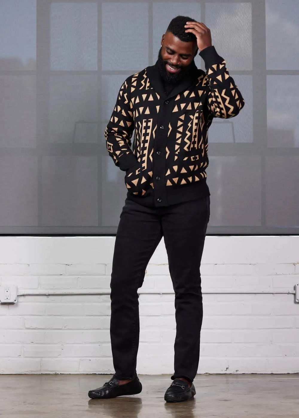 Aren African Print Button-Up Cardigan Sweater (Tan Black Tribal) sold by D'iyanu product image thumbnail 5