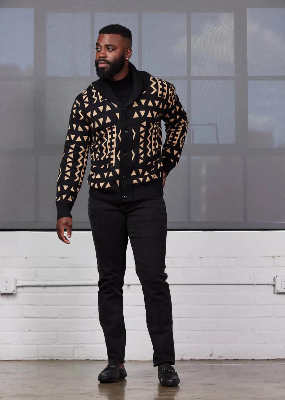 Aren African Print Button-Up Cardigan Sweater (Tan Black Tribal) sold by D'iyanu product image thumbnail 3