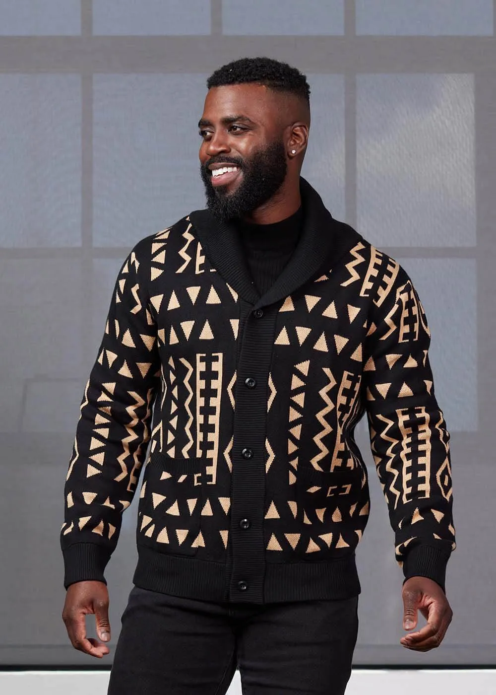 Aren African Print Button-Up Cardigan Sweater (Tan Black Tribal) sold by D'iyanu