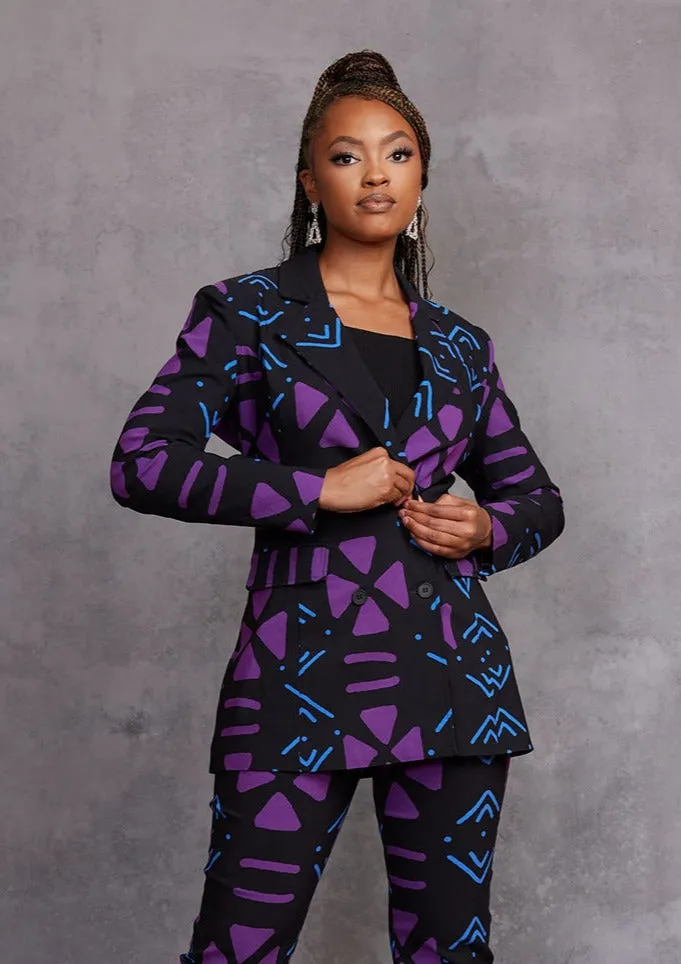 Uyai Women's African Print Stretch Blazer (Black Purple Mudcloth) sold by D'iyanu