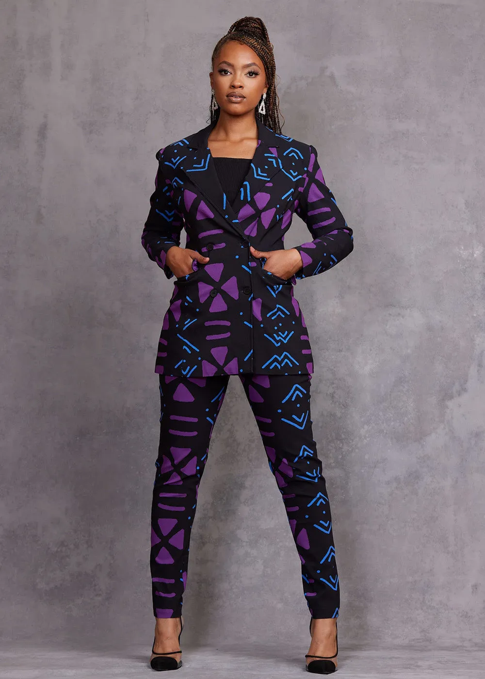 Uyai Women's African Print Stretch Blazer (Black Purple Mudcloth) sold by D'iyanu product image thumbnail 2