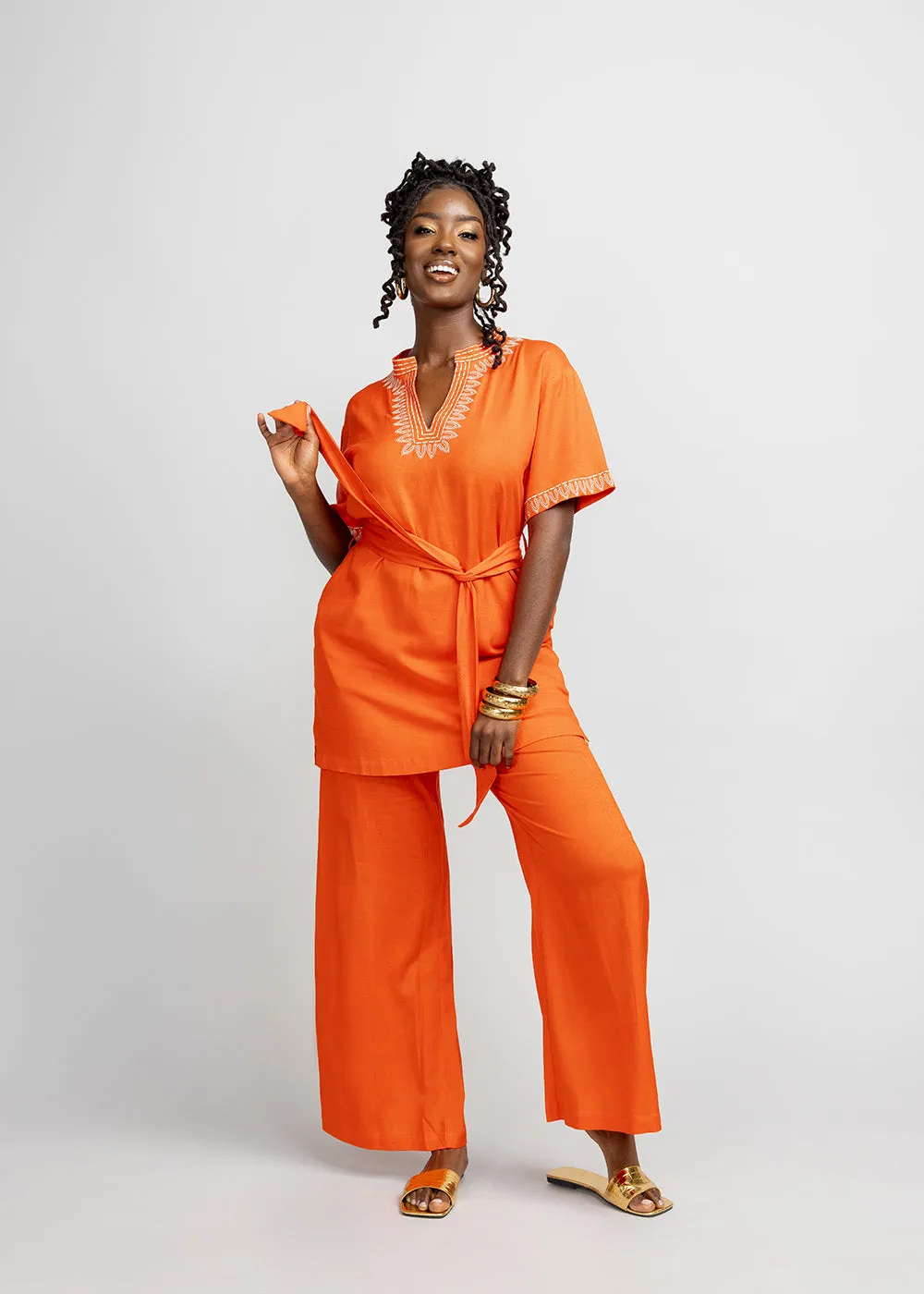 Nahema Women's Wide Leg Linen Blend Pants (Deep Coral) sold by D'iyanu product image thumbnail 2