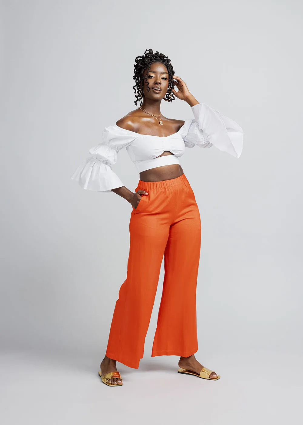 Nahema Women's Wide Leg Linen Blend Pants (Deep Coral) sold by D'iyanu product image thumbnail 4