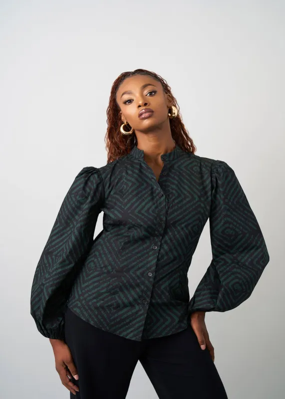 Kari Women's African Print Blouse (Malachite Diamond Adire) sold by D'iyanu
