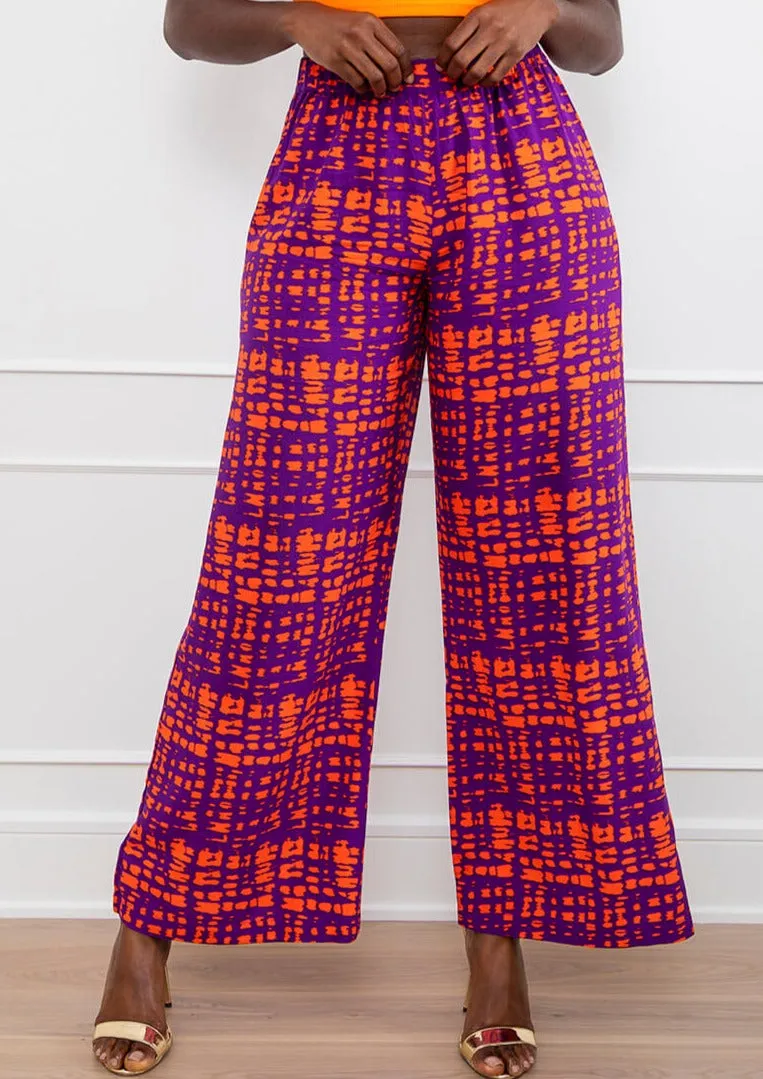 Sika Women's African Print Wide Leg Pants (Purple Tangerine Adire) - Clearance sold by D'iyanu