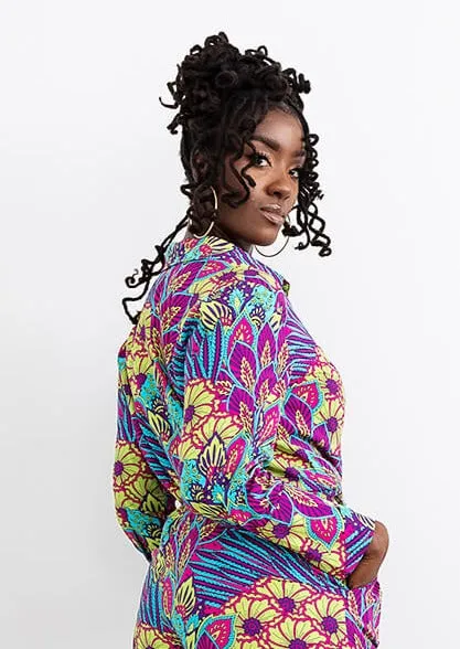 Kwamena Women's African Inspired Floral Print Button-Up Shirt (Aqua Flowers)-Cearance sold by D'iyanu product image thumbnail 3