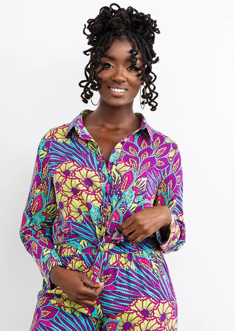 Kwamena Women's African Inspired Floral Print Button-Up Shirt (Aqua Flowers)-Cearance sold by D'iyanu product image thumbnail 4