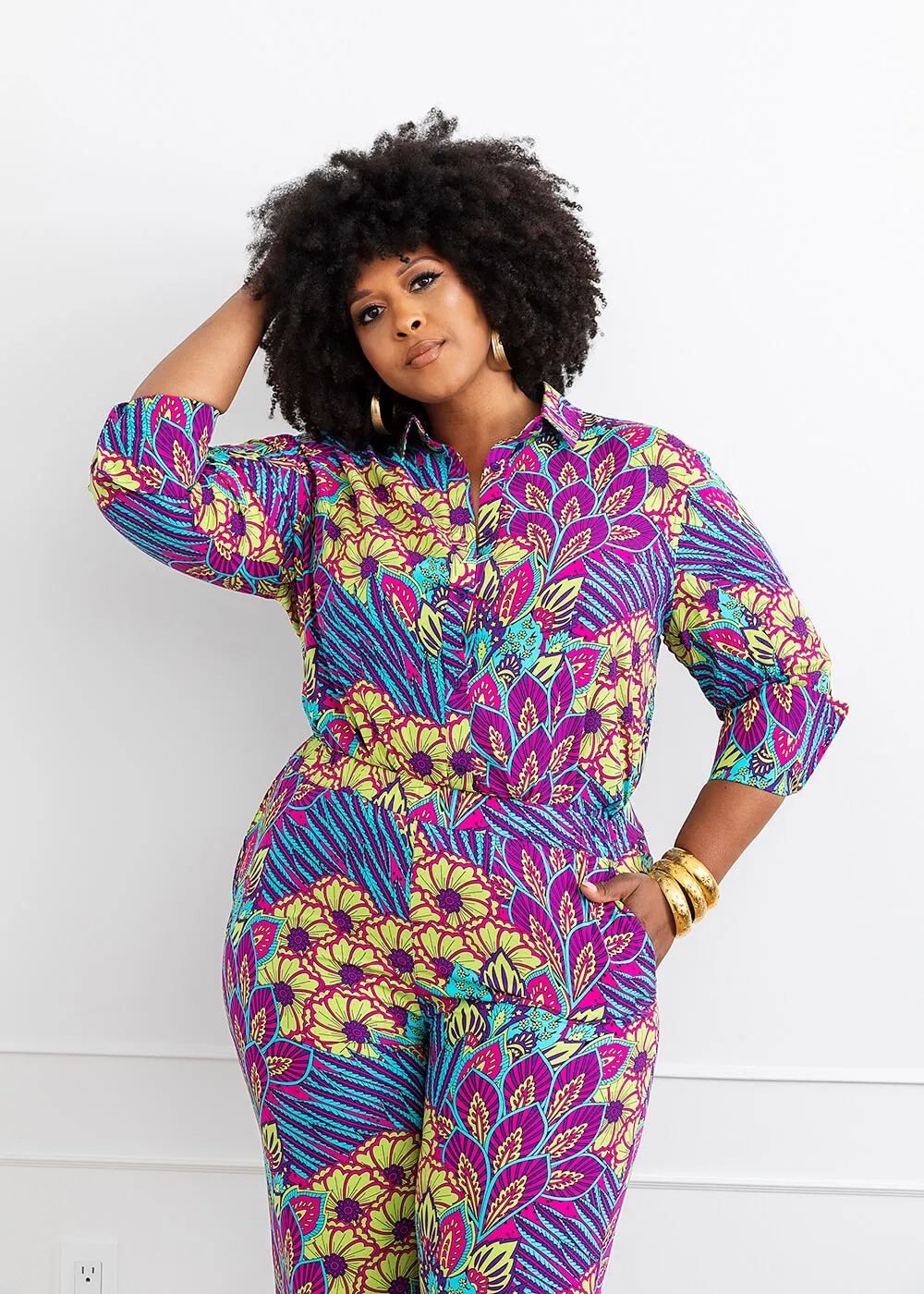 Kwamena Women's African Inspired Floral Print Button-Up Shirt (Aqua Flowers)-Cearance sold by D'iyanu product image thumbnail 2