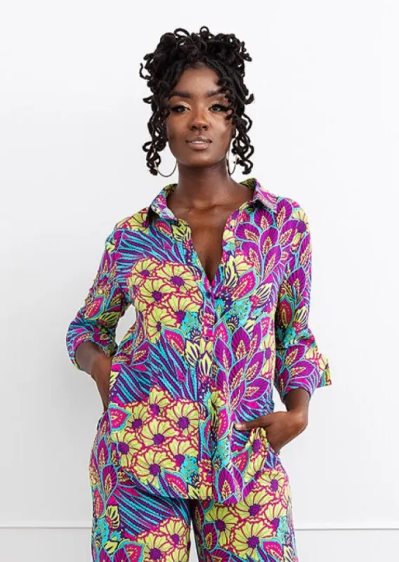 Kwamena Women's African Inspired Floral Print Button-Up Shirt (Aqua Flowers)-Cearance sold by D'iyanu
