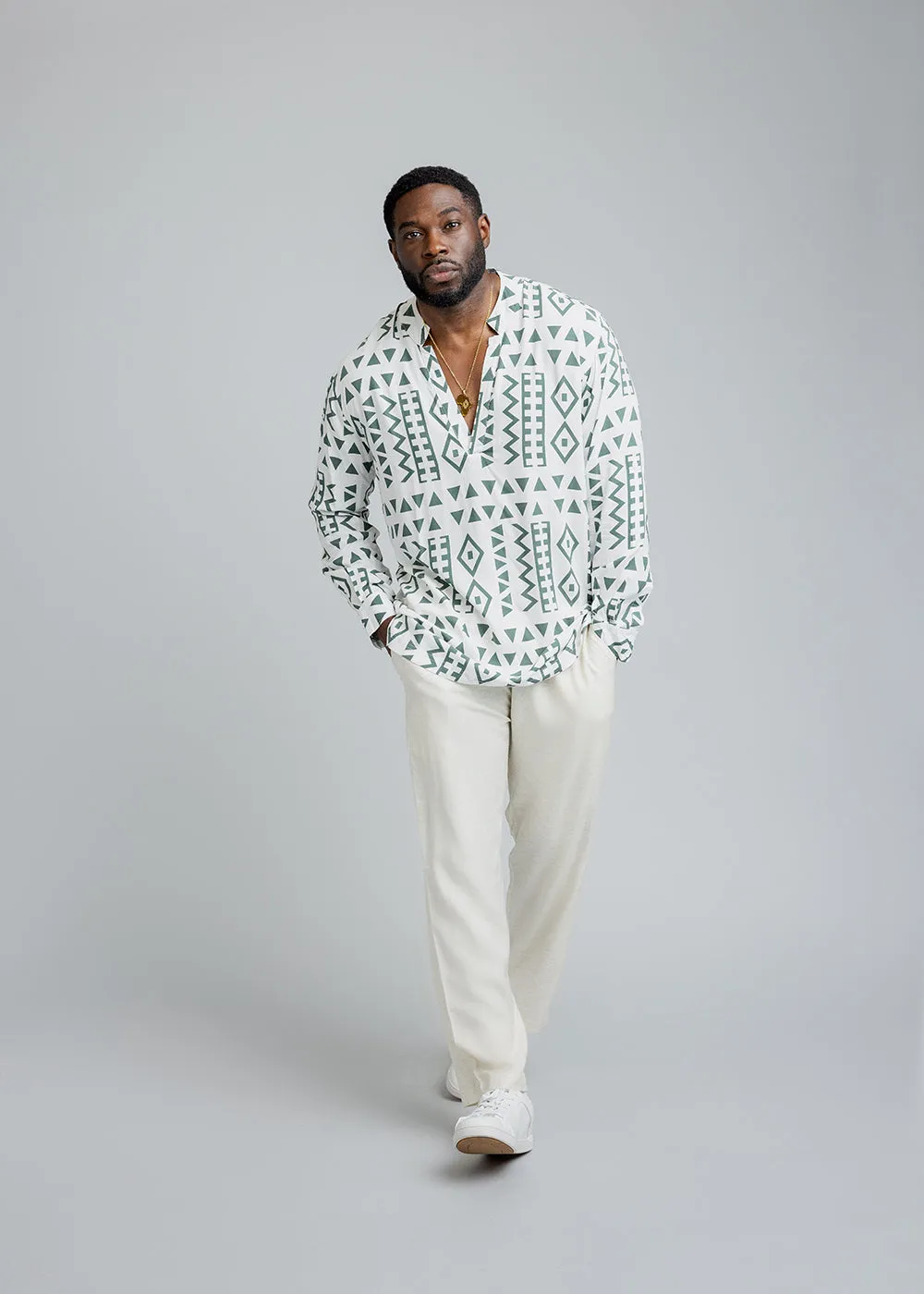 Ajisomo Men's African Print Tunic Shirt (White Olive Tribal) sold by D'iyanu product image thumbnail 4