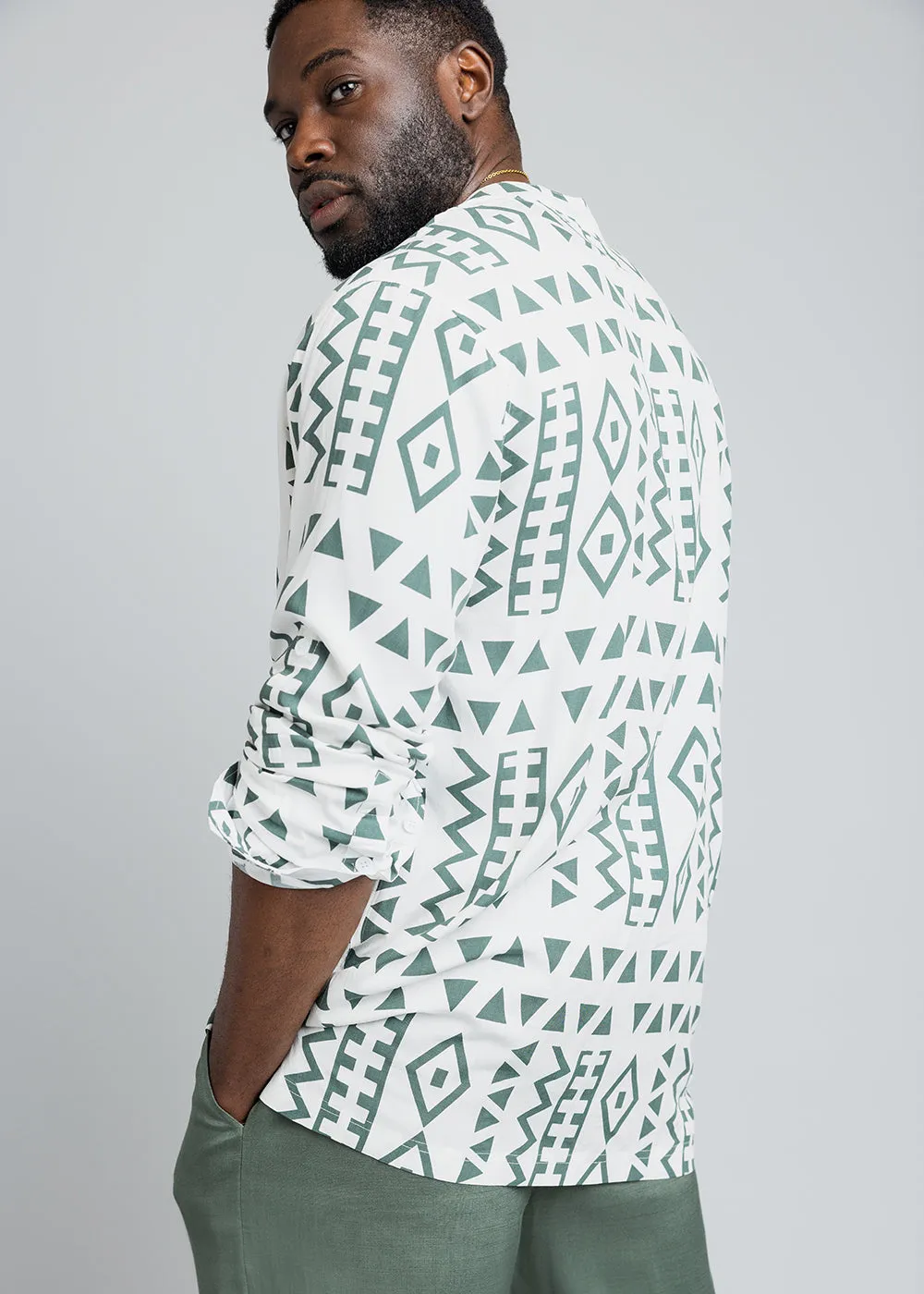Ajisomo Men's African Print Tunic Shirt (White Olive Tribal) sold by D'iyanu product image thumbnail 3