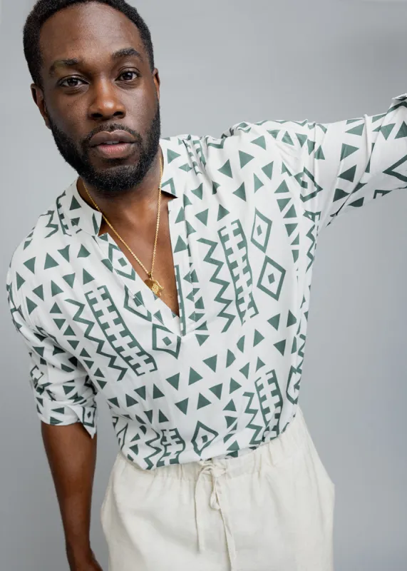 Ajisomo Men's African Print Tunic Shirt (White Olive Tribal) sold by D'iyanu