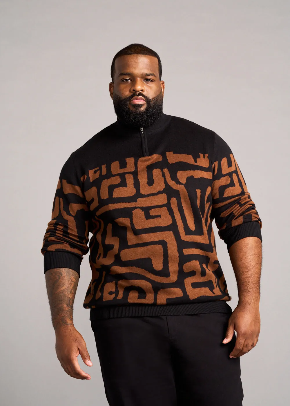 Hamadi Men's African Print Quarter Zip Sweater (Espresso Geometric) sold by D'iyanu