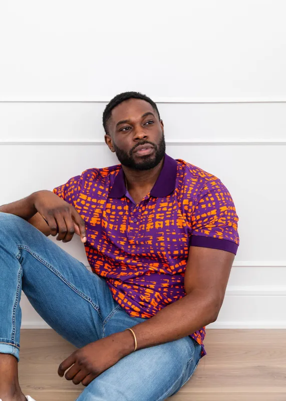 Femi Men's African Print Polo Shirt (Purple Tangerine Adire) - Clearance sold by D'iyanu