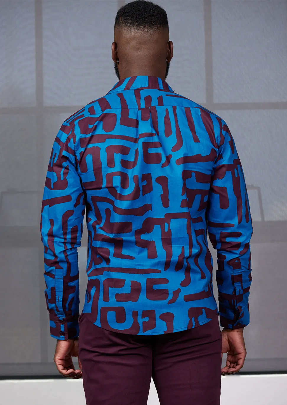 Chane Men's African Print Button-Up Shirt (Fig Blue Geometric) - Clearance sold by D'iyanu product image thumbnail 3