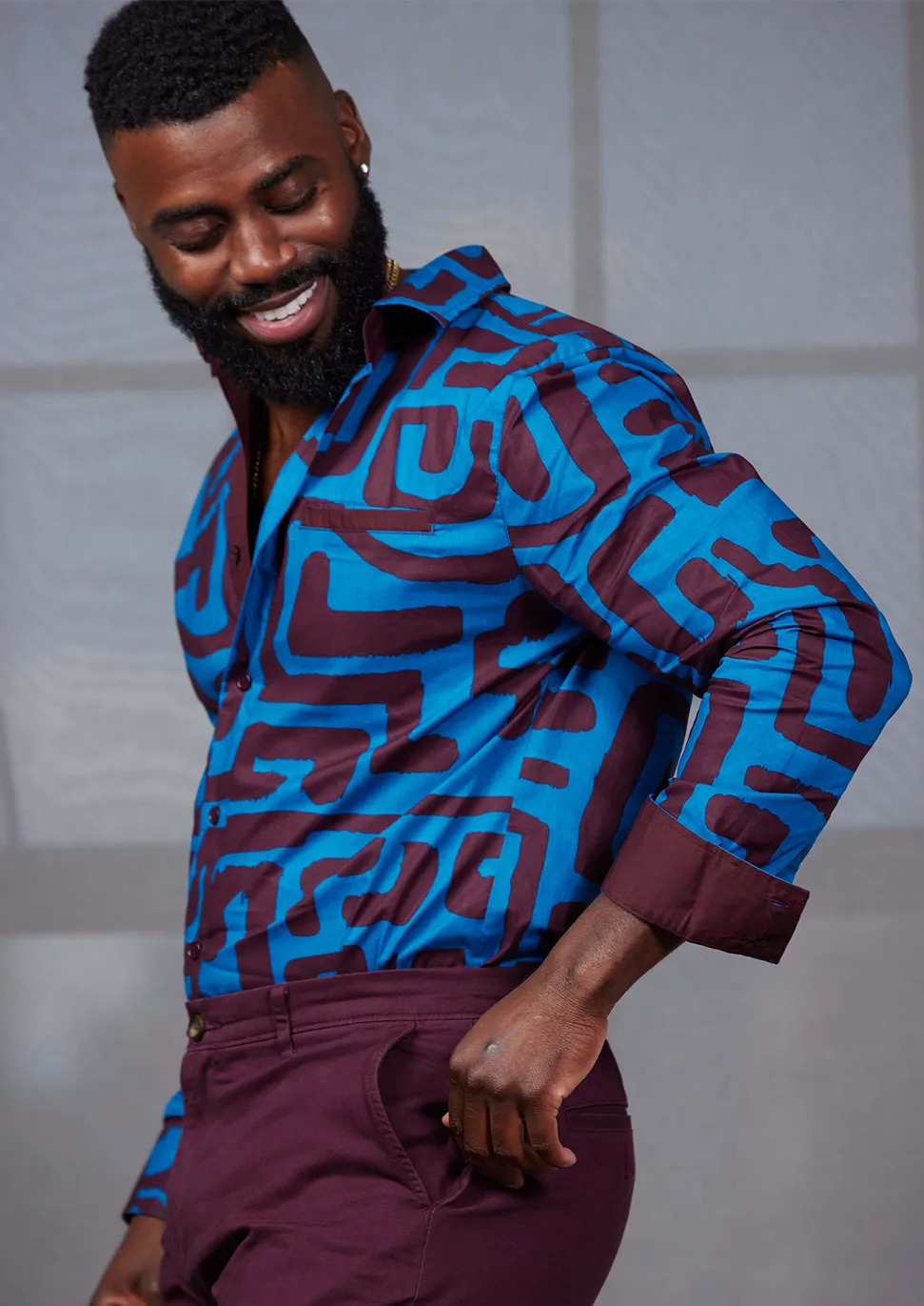 Chane Men's African Print Button-Up Shirt (Fig Blue Geometric) - Clearance sold by D'iyanu product image thumbnail 4