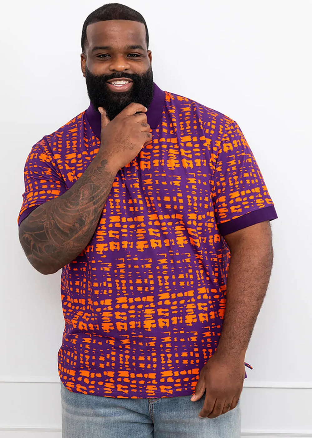 Femi Men's African Print Polo Shirt (Purple Tangerine Adire) - Clearance sold by D'iyanu product image thumbnail 3