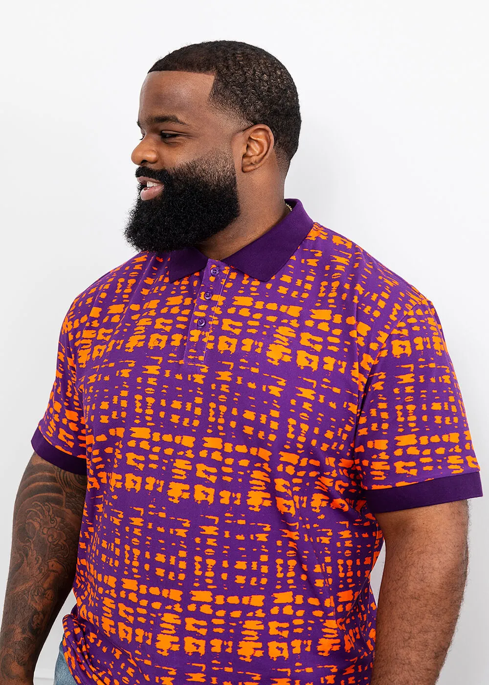 Femi Men's African Print Polo Shirt (Purple Tangerine Adire) - Clearance sold by D'iyanu product image thumbnail 4