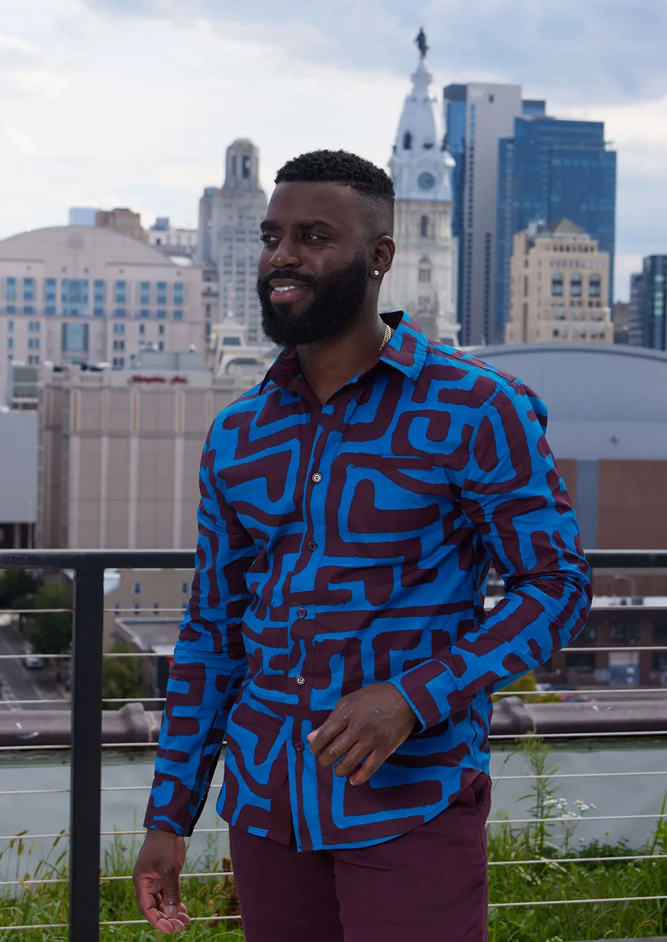 Chane Men's African Print Button-Up Shirt (Fig Blue Geometric) - Clearance sold by D'iyanu product image thumbnail 5