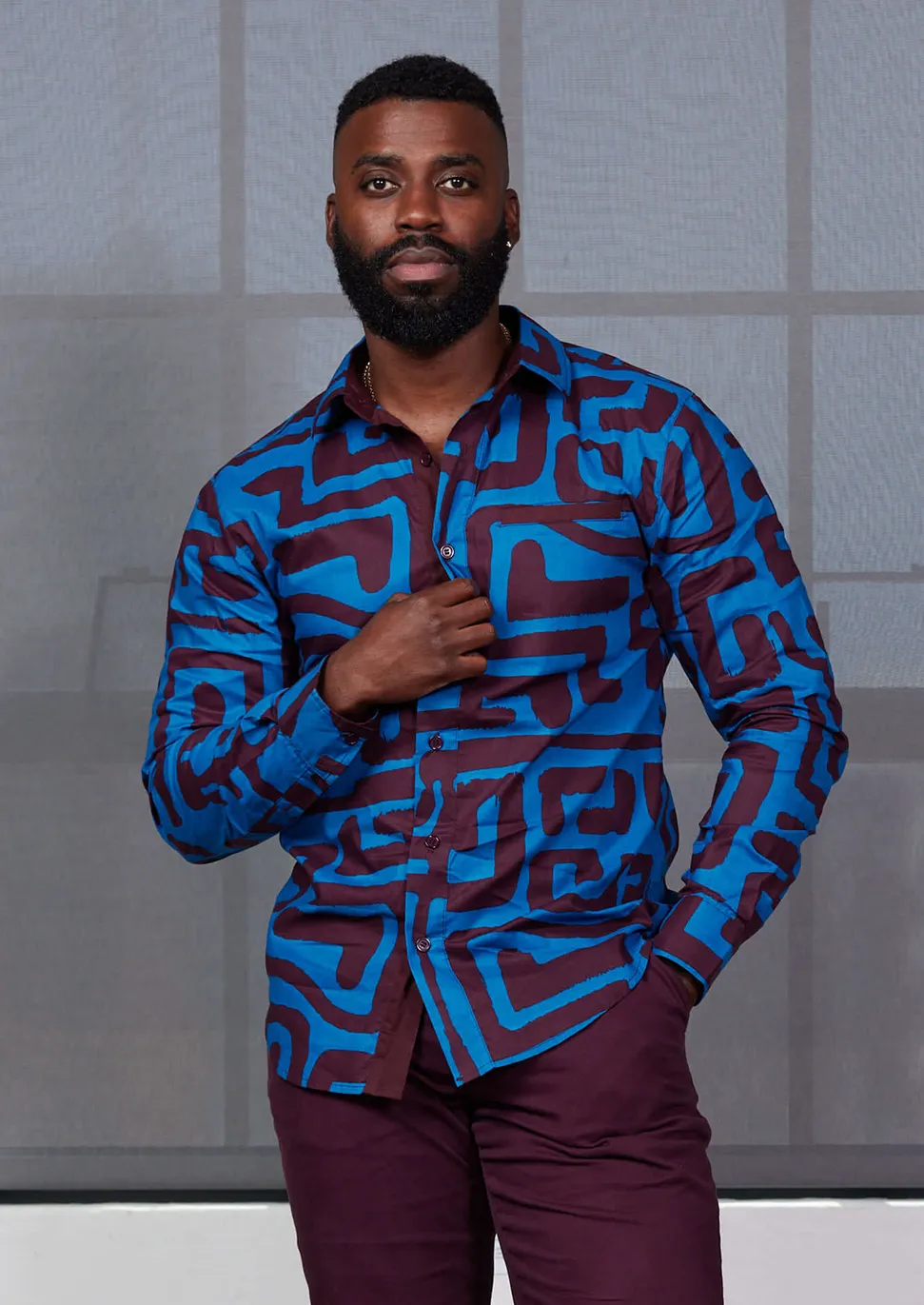 Chane Men's African Print Button-Up Shirt (Fig Blue Geometric) - Clearance sold by D'iyanu