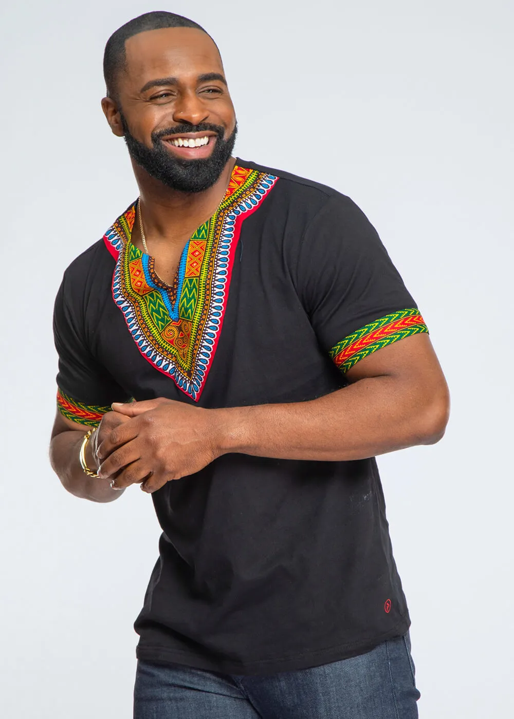 Men's African Print Dashiki T-Shirt (Black) sold by D'iyanu product image thumbnail 3