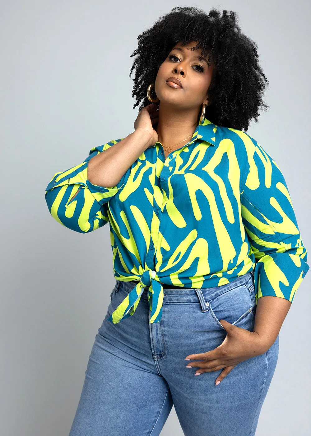 Kwamena Women's African Print Button-Up Shirt (Lime Zebra Abstract) sold by D'iyanu