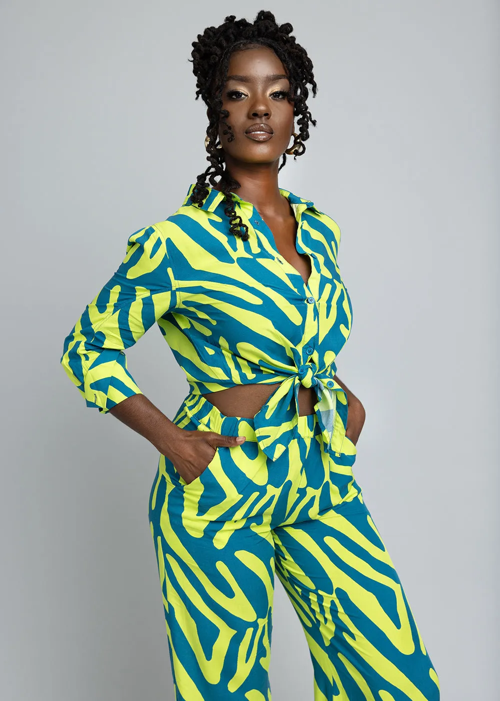 Kwamena Women's African Print Button-Up Shirt (Lime Zebra Abstract) sold by D'iyanu product image thumbnail 4