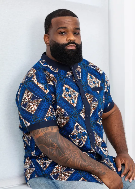 Olu Men's African Print Mandarin Collar Shirt (Blue Tan Diamonds) - Clearance sold by D'iyanu