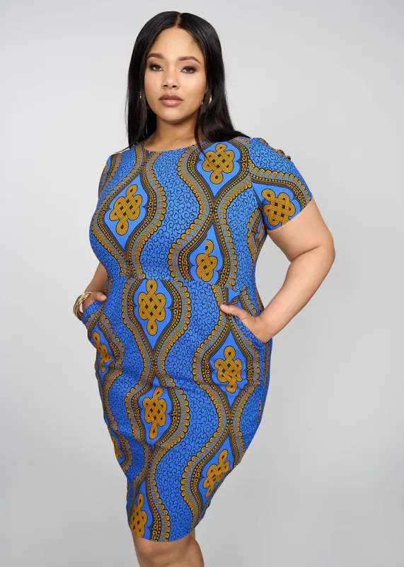 Sabella Women's African Print Stretch Dress (Gold Blue Motif) - Clearance sold by D'iyanu