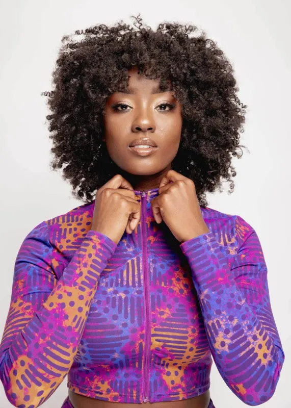 Anaya Women's African Print Zip-Up Crop Top (Violet Adire) - Clearance sold by D'iyanu