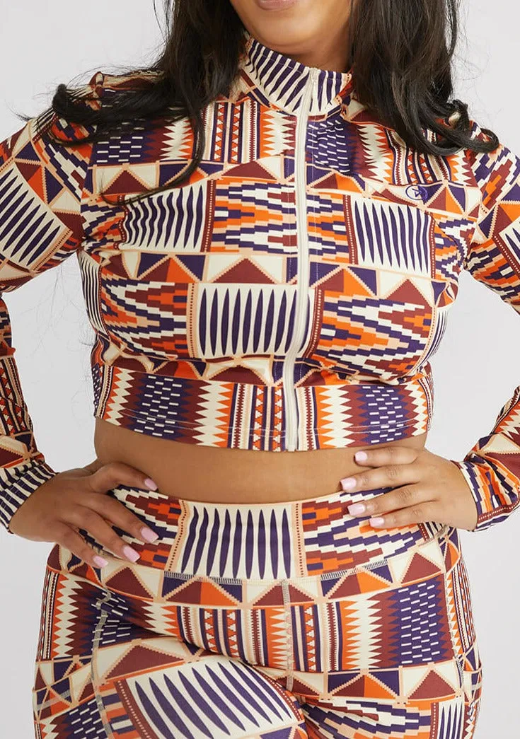 Anaya Women's African Print Zip-Up Crop Top (Cream Maroon Kente) - Clearance sold by D'iyanu product image thumbnail 3