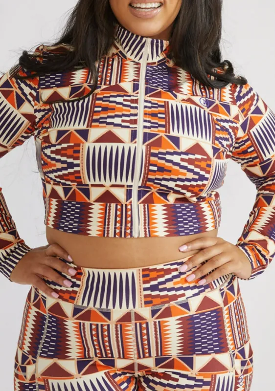 Anaya Women's African Print Zip-Up Crop Top (Cream Maroon Kente) - Clearance sold by D'iyanu